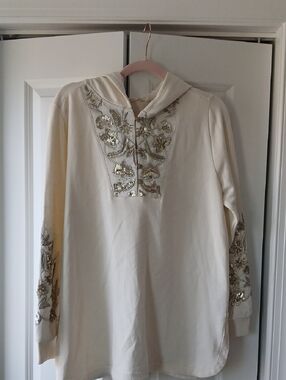 Soft Surroundings Size Medium Cream Hooded Tunic with Gold Sequin Embroidery